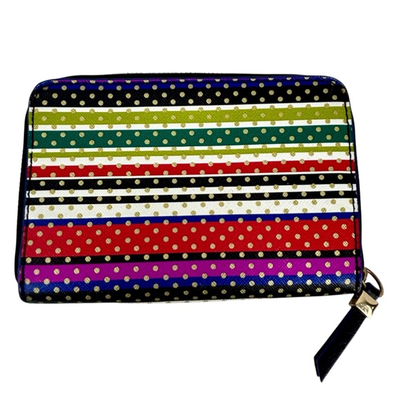 Stella & Dot Chelsea Tech Multi Colour Striped Gold Dot Polka Dot Zip Wallet - Picture 2 of 7